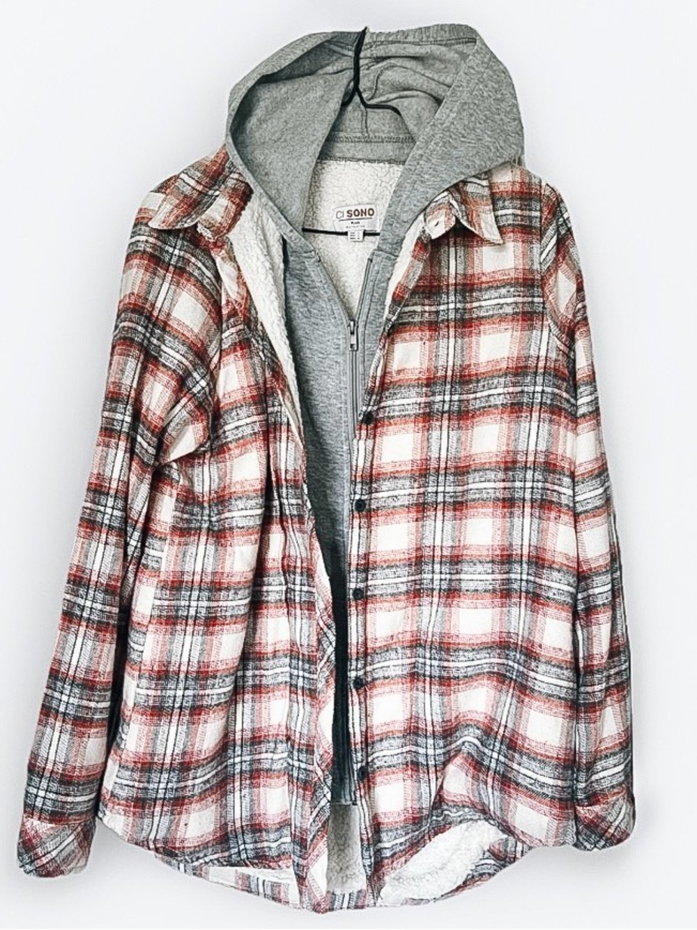 Ci Sono Plaid Hooded Shacket in Red & Gray Womens Large